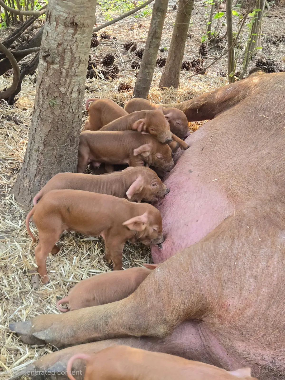 Red Wattle piglets nursing outdoors